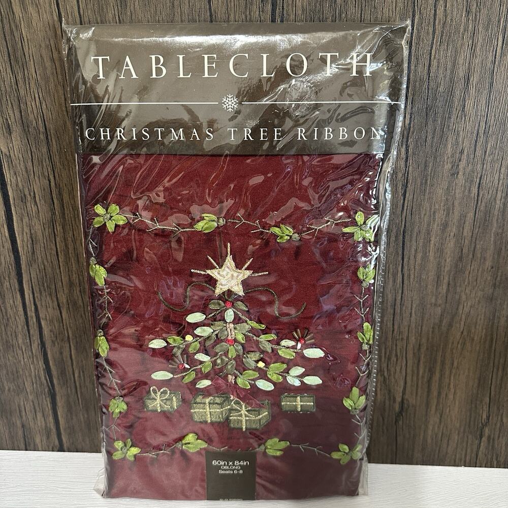 Bed Bath & Beyond Christmas Tree Ribbon Tablecloth Oblong 60x84 Burgundy NWT
